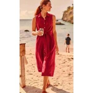 J. Jill Dress Womens Large Red Linen Sleeveless Button Front Tie Waist Midi
